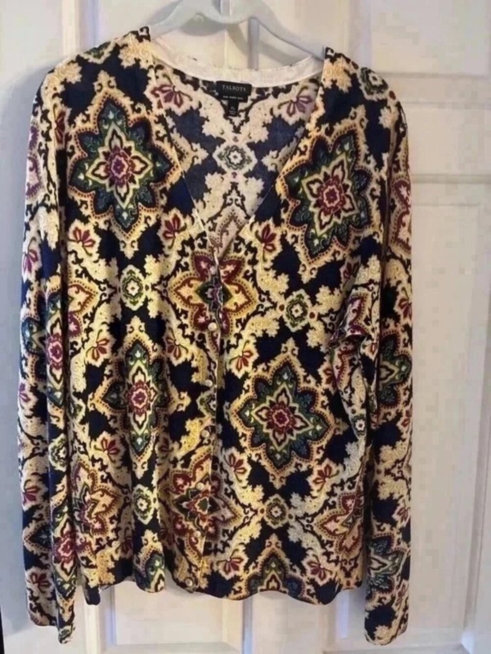Talbots 100% Merino Wool Cardigan XL Medallion Paisley Print Navy Gold V-Neck